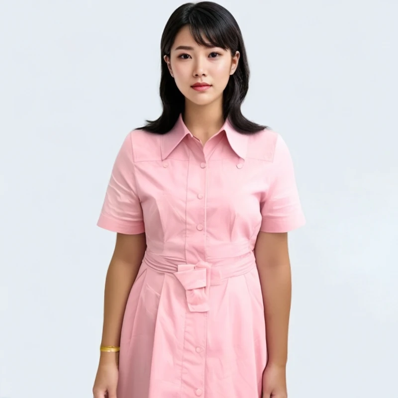 休闲棉感衬衫翻领纯色显瘦腰带连衣裙