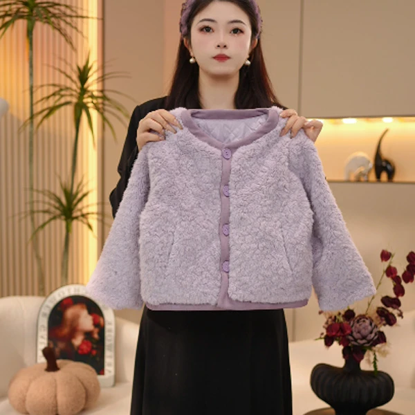 现货【一甜】女童紫色棉衣夹棉加厚毛毛衣外套秋冬季新款中大童棉服