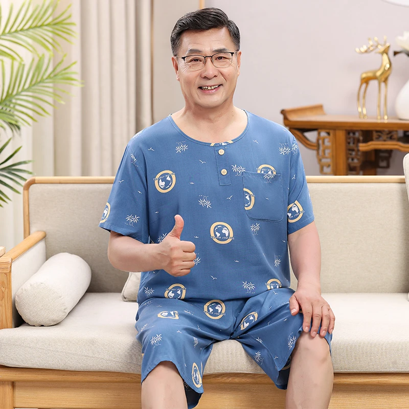 夏季中老年男士睡衣套装爸爸绵绸老人短袖爷爷家居服棉绸薄款圆领