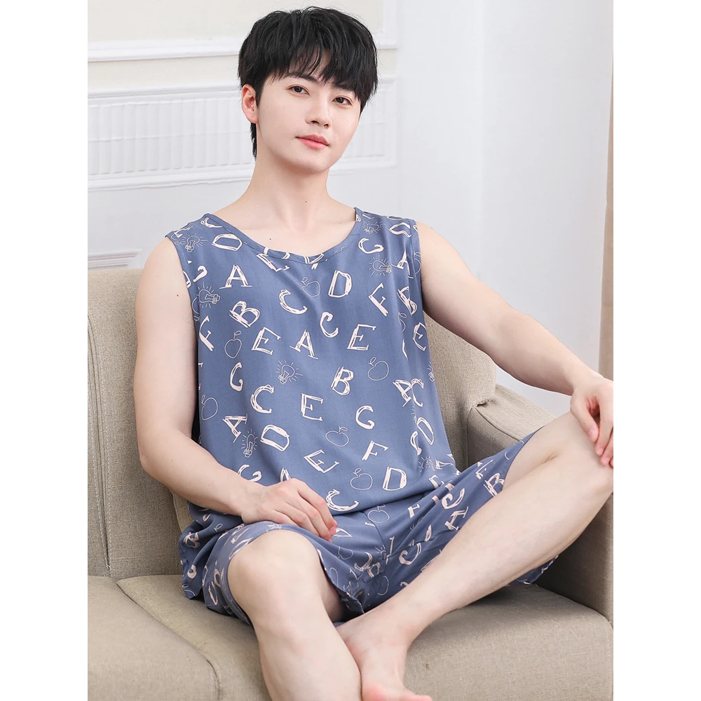 夏季男士大童无袖背心短裤棉绸睡衣套装青年爸爸绵绸家居服可外穿