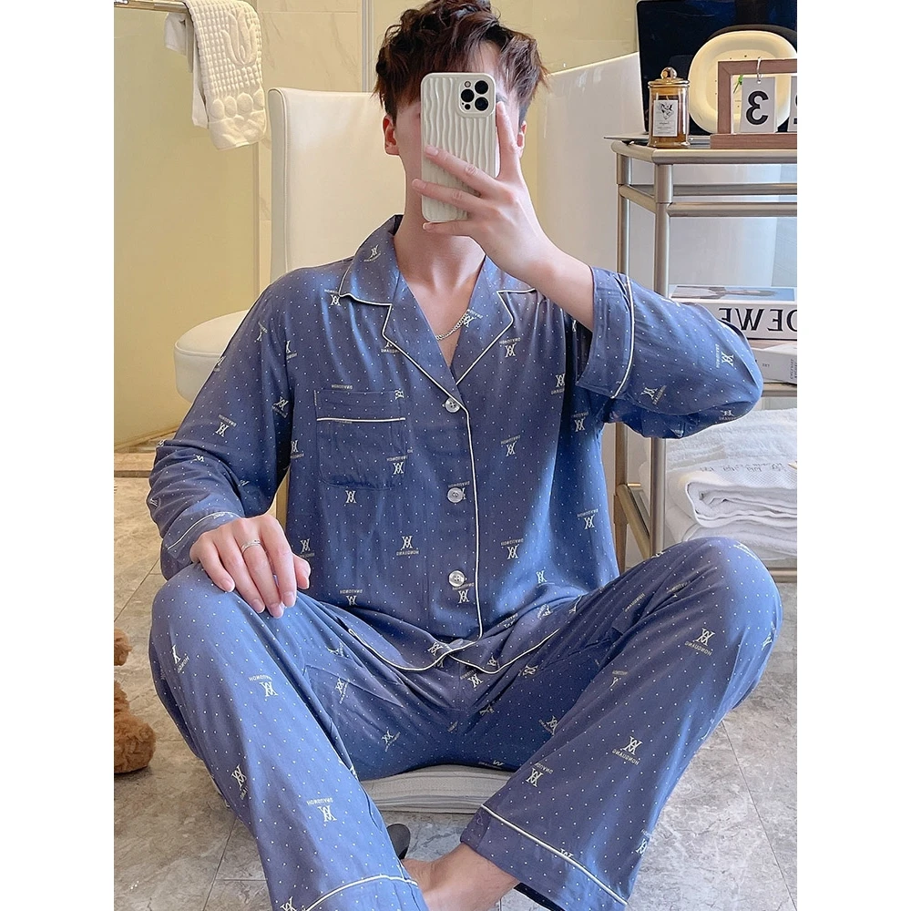 青少年睡衣套装男士春秋青年开衫长袖绵绸家居服翻领夏季棉绸薄款