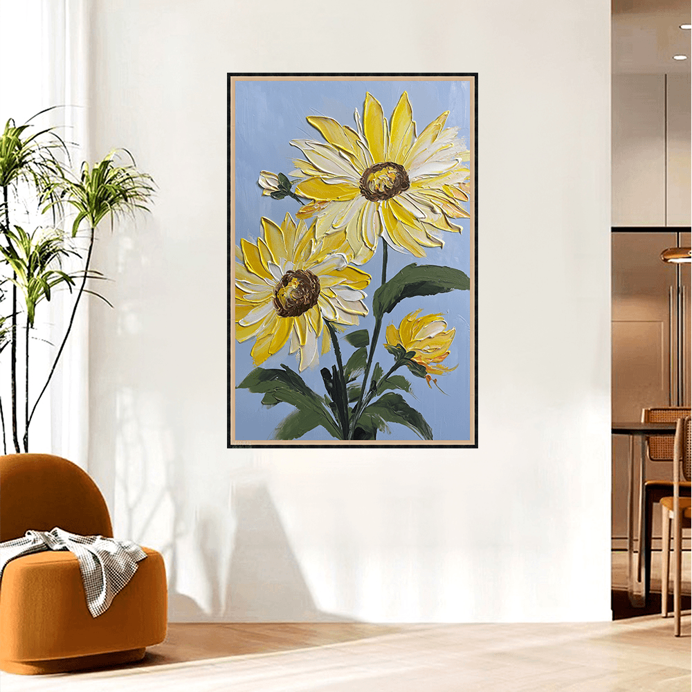 玄关向日葵现代轻奢简约奶油风肌理感艺术手工油画家居装饰画