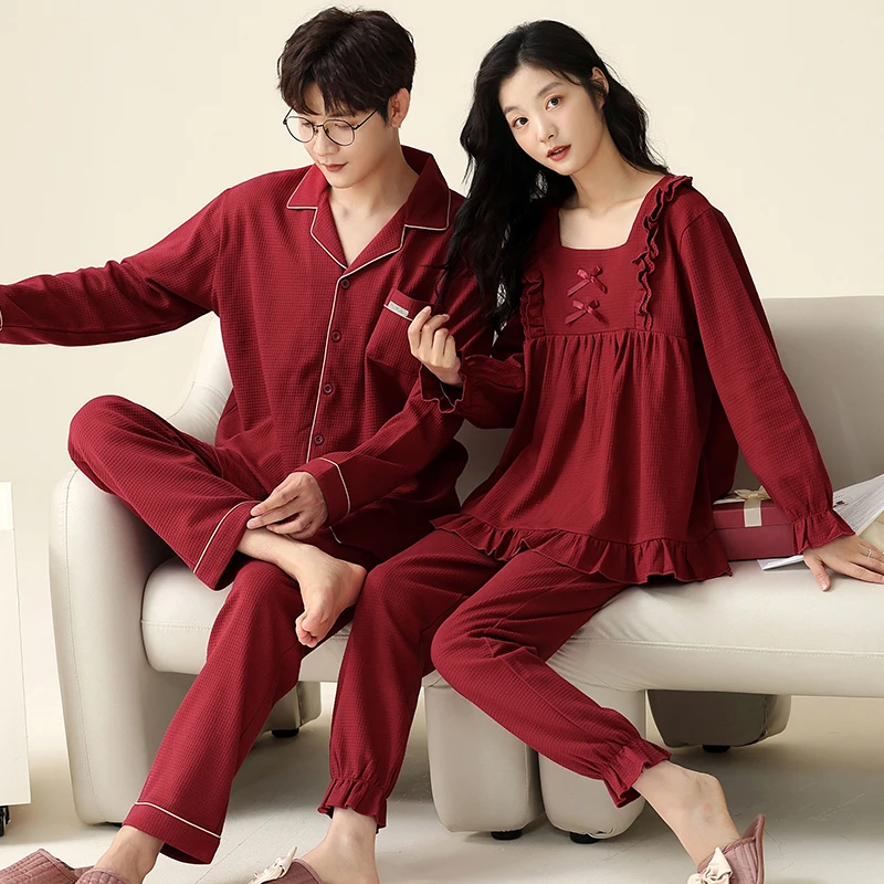 2套价 睡衣结婚新婚情侣套装红色春秋款100%棉家居服男女喜庆长袖