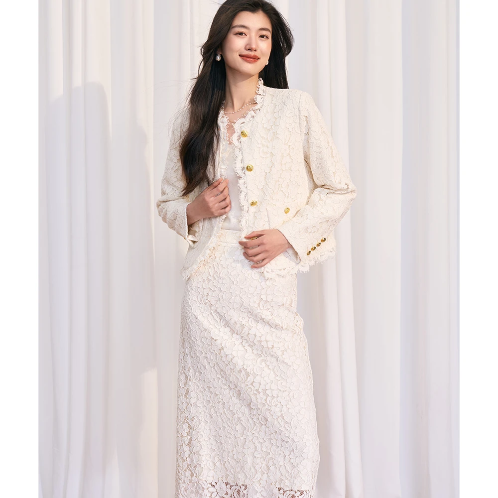 24秋新法式复古蕾丝两件套名媛洋气级高感中长款上衣外套+半裙