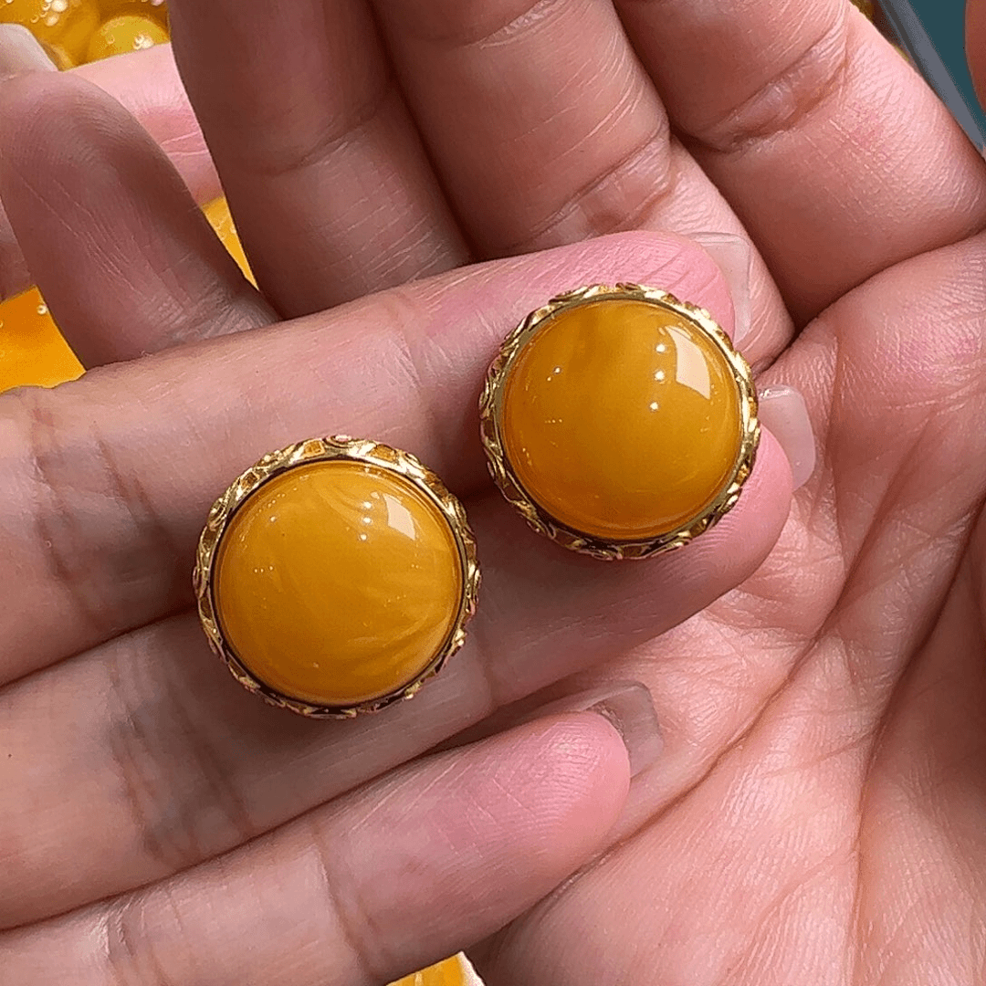 蜜蜡耳钉银S925镀金镶嵌
