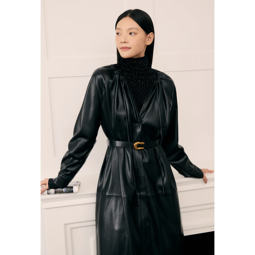 OBBLIGATO奥丽嘉朵抽绳圆领暗扣PU革连衣裙1C34305500