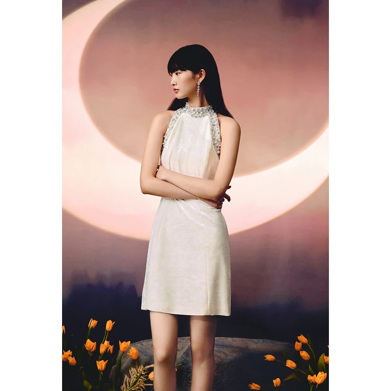 奥丽嘉朵2023秋季金标珠钻点缀收腰显瘦优雅高定礼服裙1C33305585