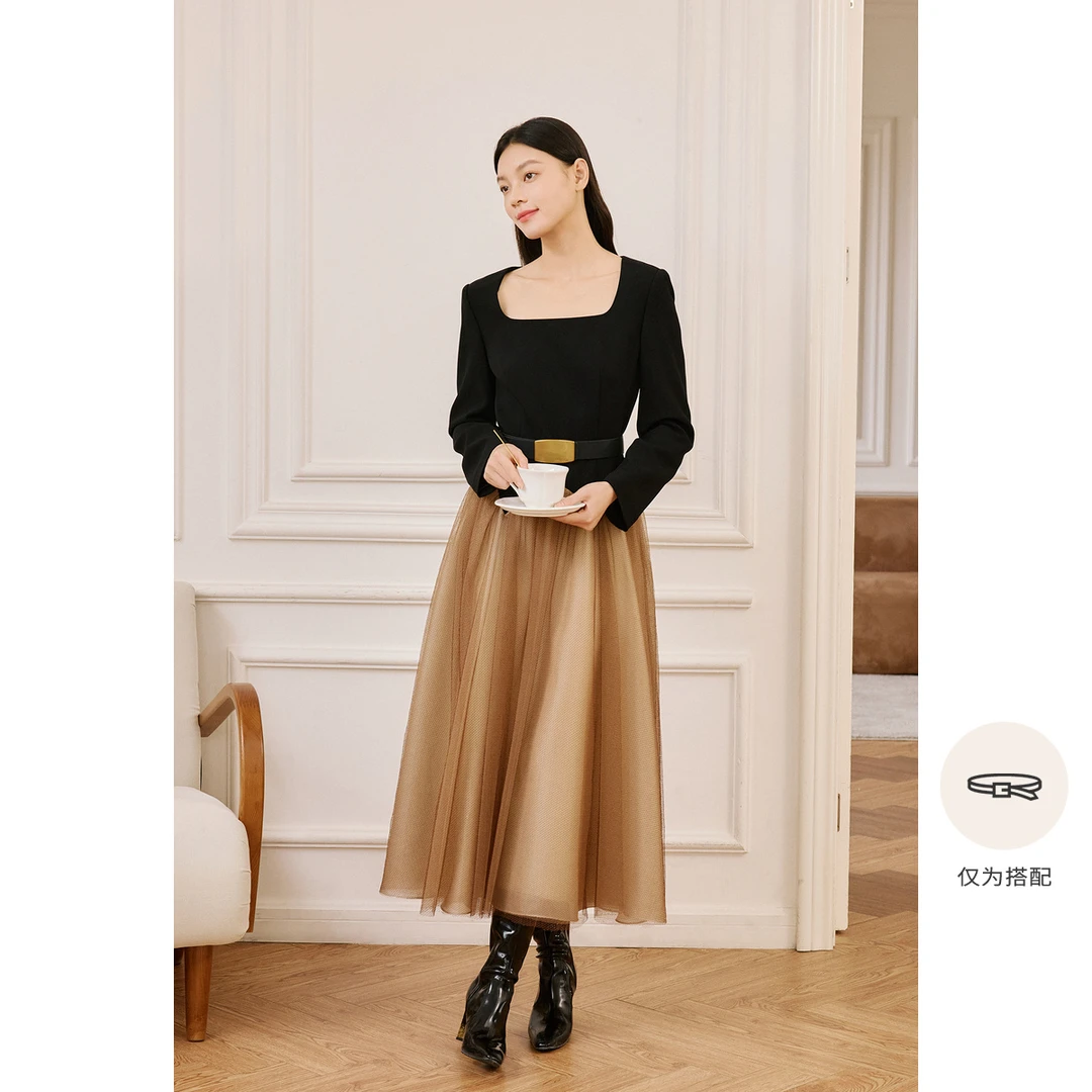 OBBLIGATO奥丽嘉朵2024冬季金标黑薄纱拼接方领连衣裙1C34505150