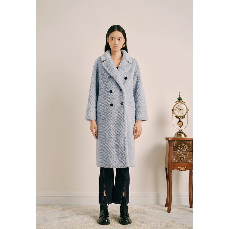 奥丽嘉朵2023秋季新款毛呢蓝色波浪纹中长款绵羊毛大衣1C63380160