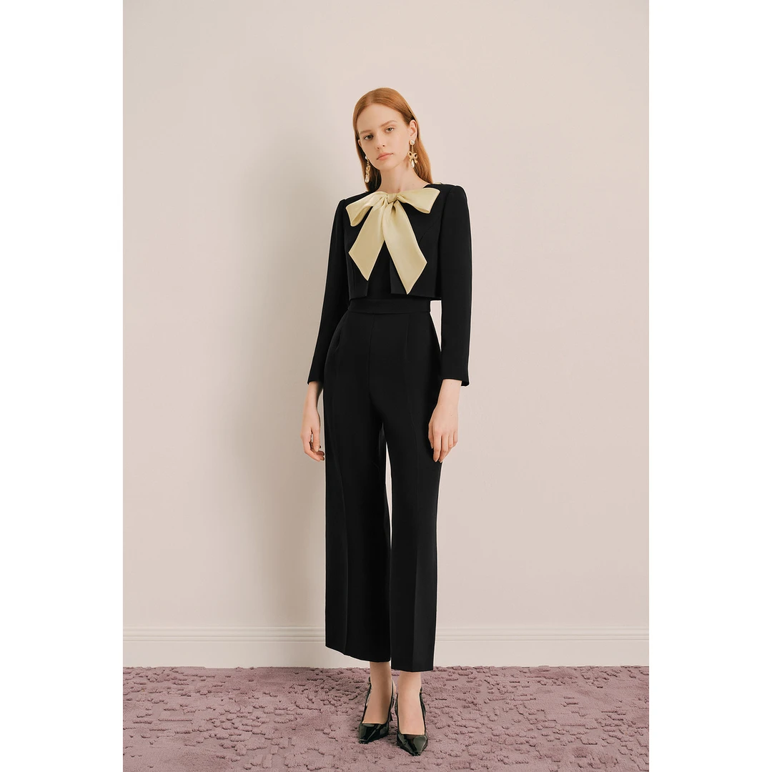 奥丽嘉朵2024冬季新款黑色蝶结系带假两件连体服1C64502170