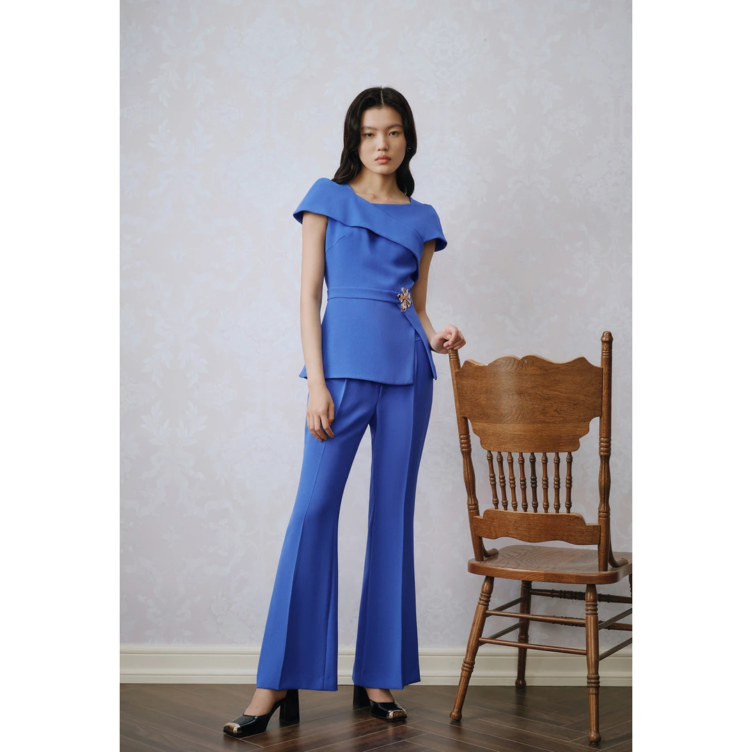 OBBLIGATO奥丽嘉朵2023夏蓝色高腰微喇显瘦女裤1C33220080