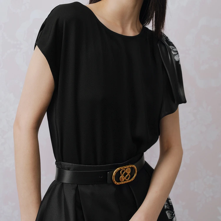 奥丽嘉朵夏季金标大身醋酸面料拼接流光沙印花袖女上衣1C33270100