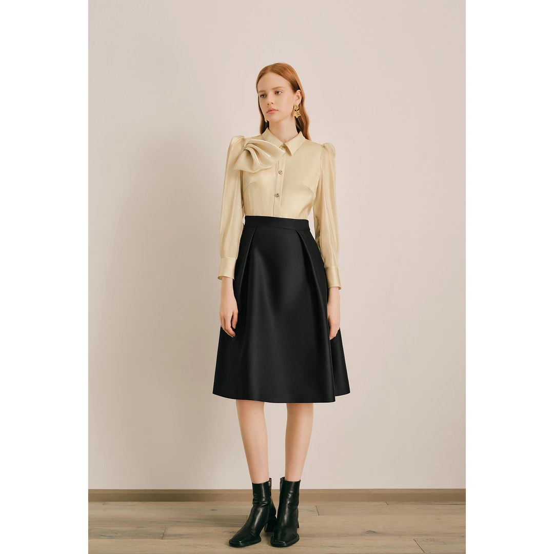 OBBLIGATO奥丽嘉朵新品流光纱拼接褶摆高腰连衣裙1C64505290