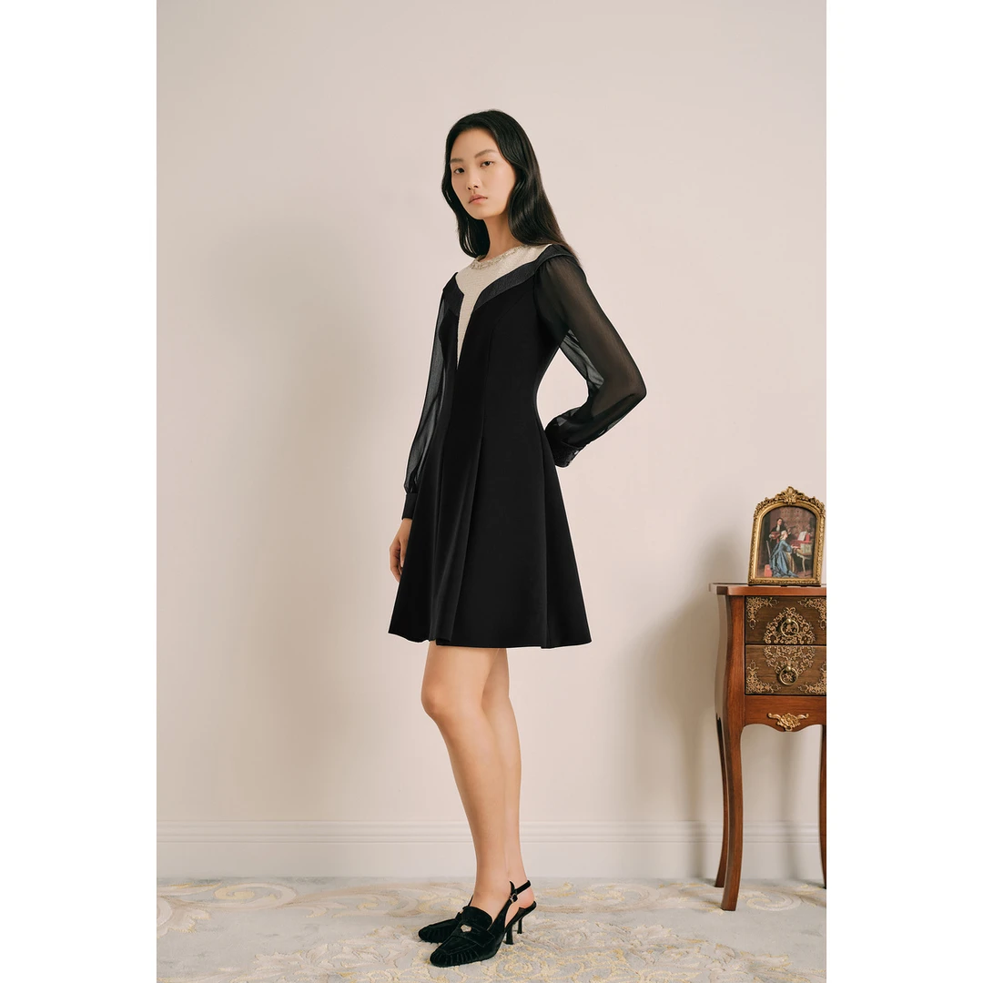 OBBLIGATO奥丽嘉朵2023秋季金标黑色收腰显瘦连衣裙1C33305210