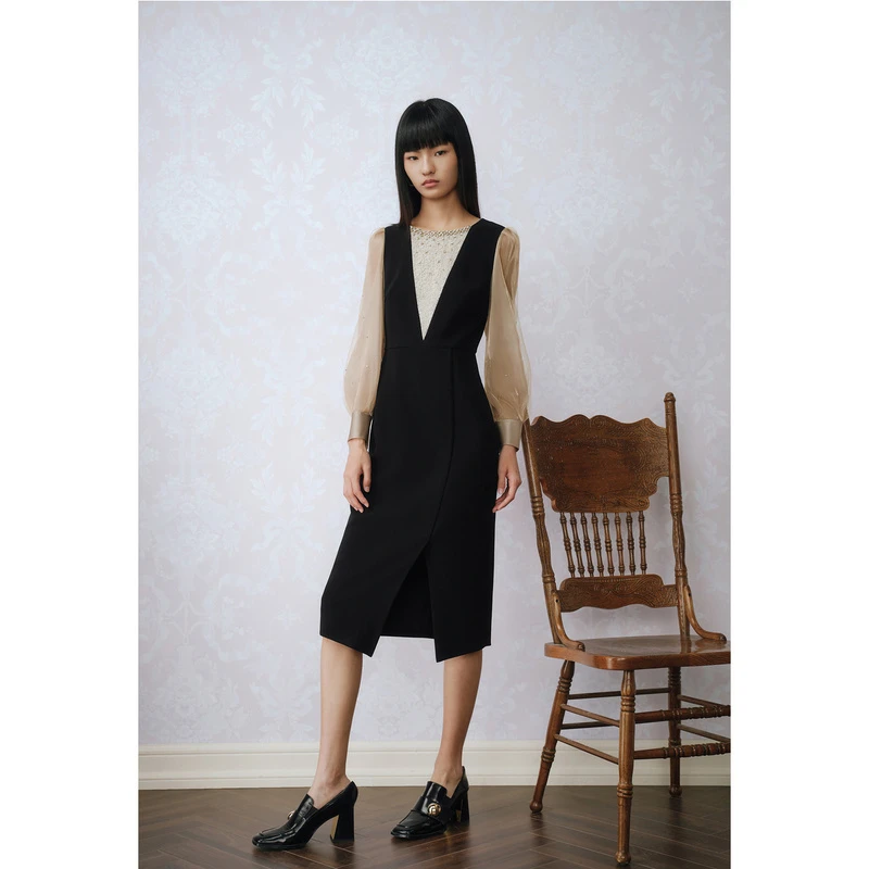 奥丽嘉朵2023春季新款黑色显瘦拼接春夏超显瘦连衣裙1C63105550