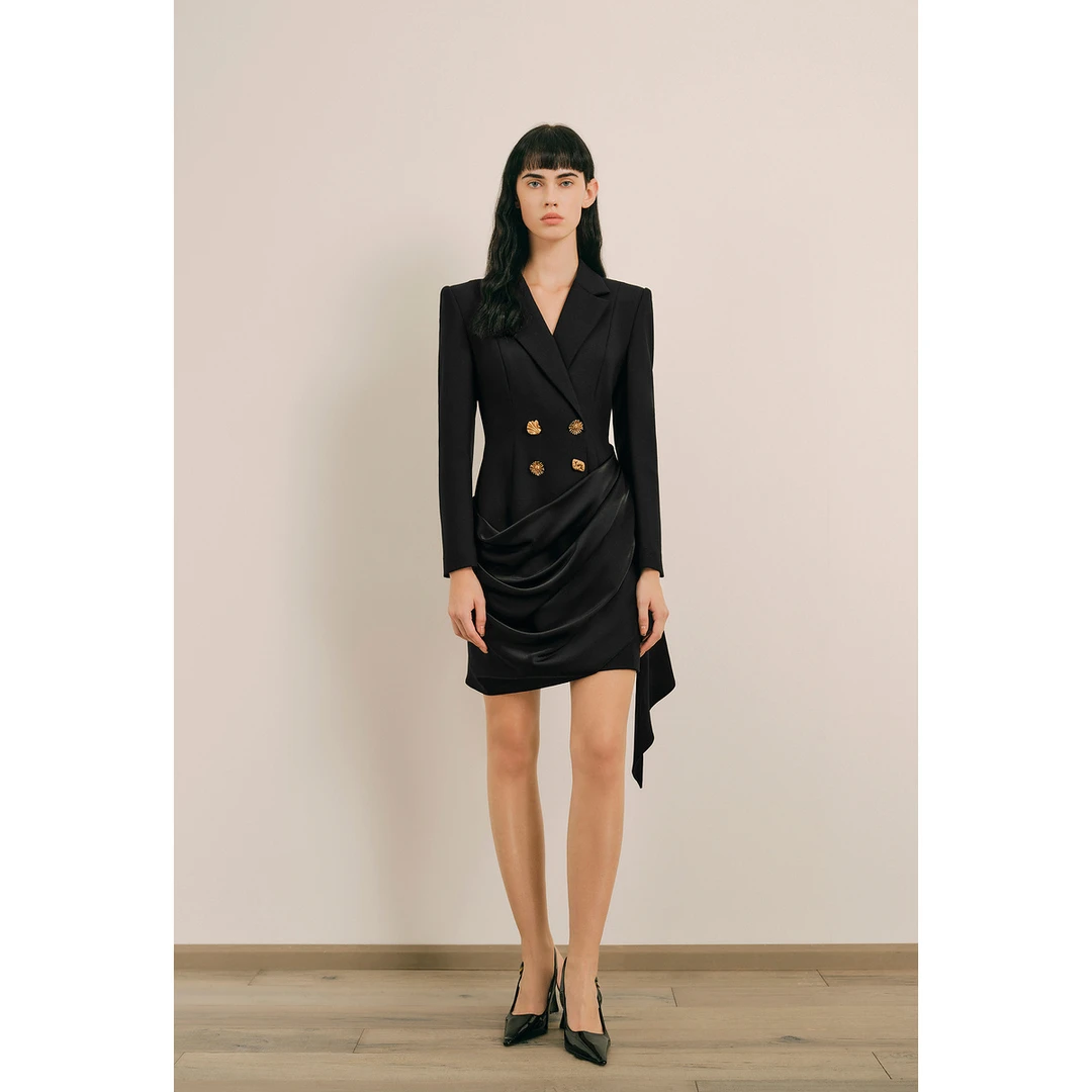 OBBLIGATO奥丽嘉朵2024缎面压褶设计西装连衣裙1C34505040