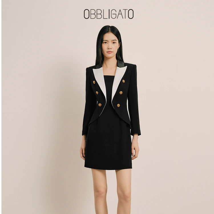 奥丽嘉朵2025早春新品撞色戗驳领假两件收腰西装连衣裙1C35105160