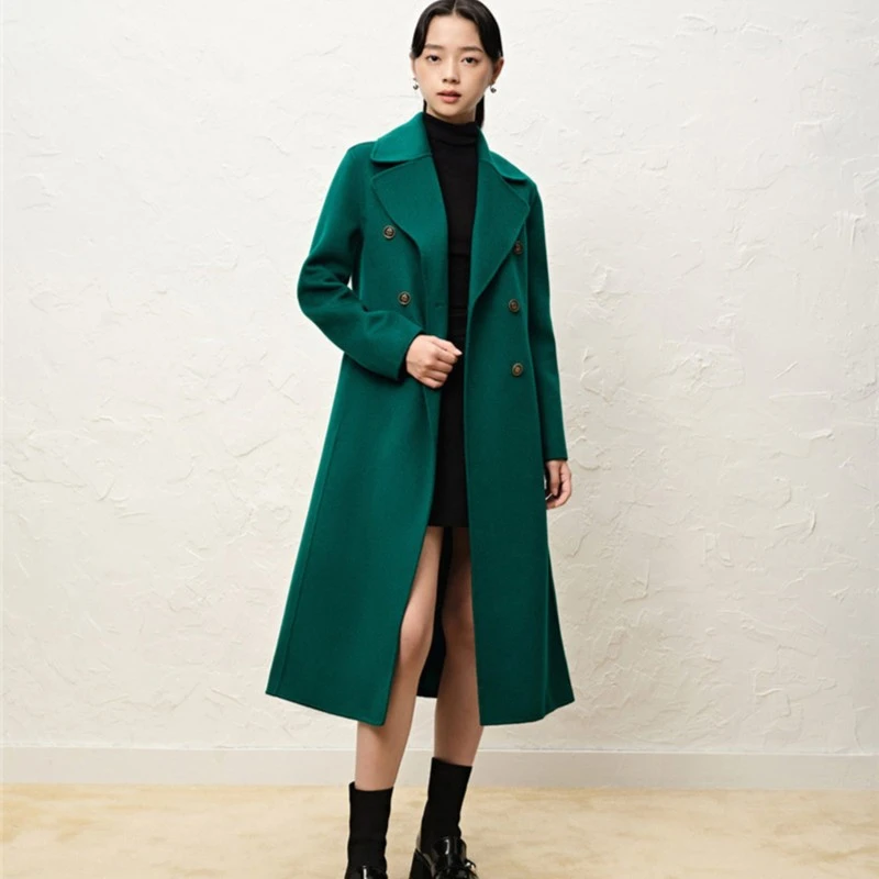奥丽嘉朵22冬季新款绿色中长款双面复古100%绵羊毛大衣1C62580120