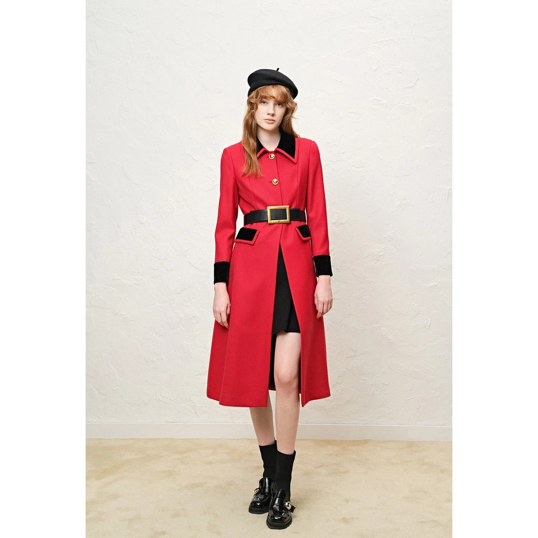 奥丽嘉朵2022冬季金标收腰显瘦休闲百搭红色大衣1C32580220