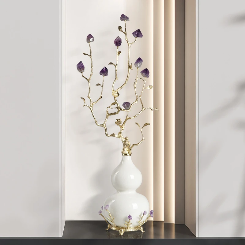 紫气东来紫水晶冰裂纹工艺陶瓷葫芦摆件新中式客厅玄关壁龛装饰品