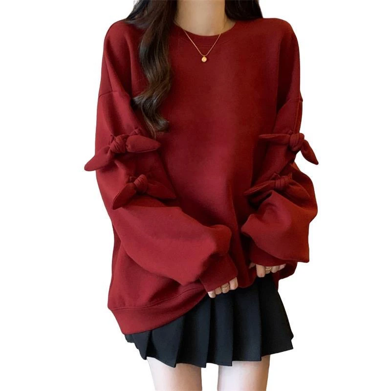 886安可拉红色蝴蝶结卫衣女2024秋冬大码胖mm宽松显瘦正肩设计