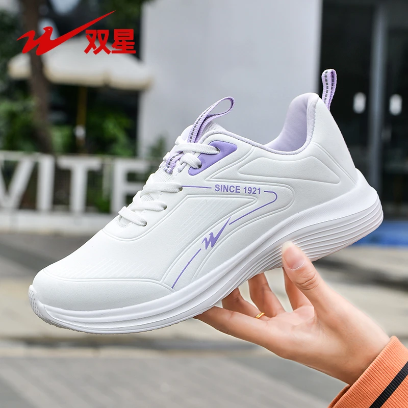 双星品牌女鞋皮面运动鞋子女士2025春秋新款休闲鞋轻便软底跑步鞋