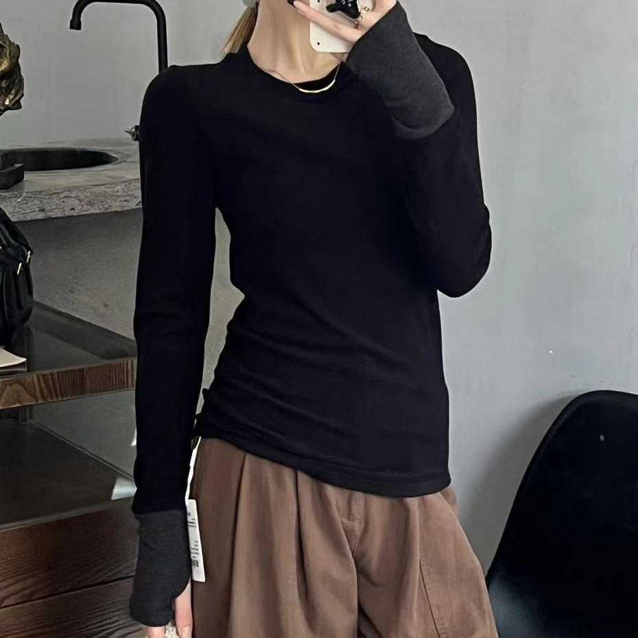 热皮摩洛哥袖子拼接撞色轻薄显瘦时髦打底衫 -24706