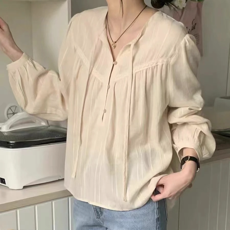 百搭淑女系带半系扣褶皱长袖衬衫 ZZ-248063