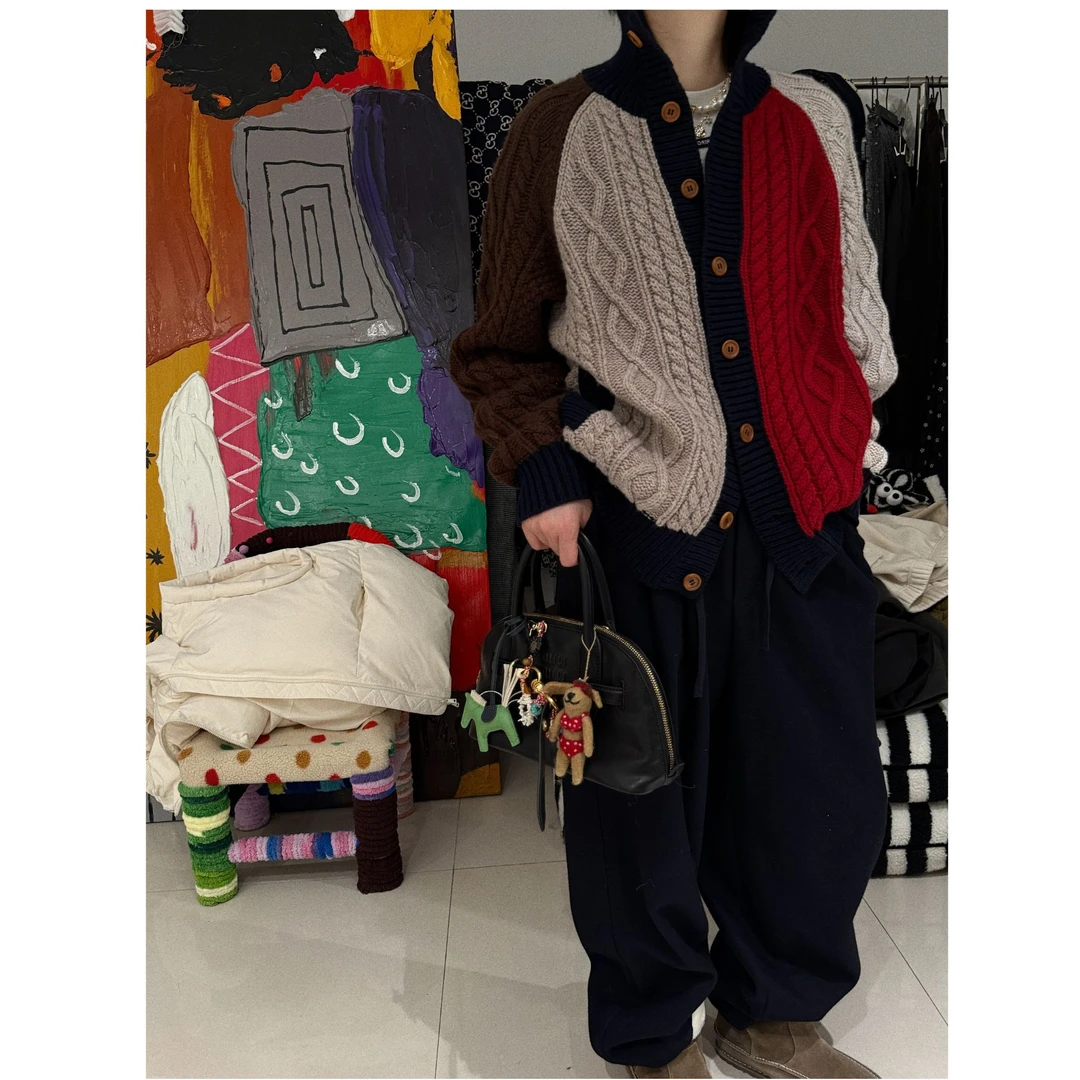 【拼色羊毛开衫】拼色麻花羊毛针织开衫 J24M608