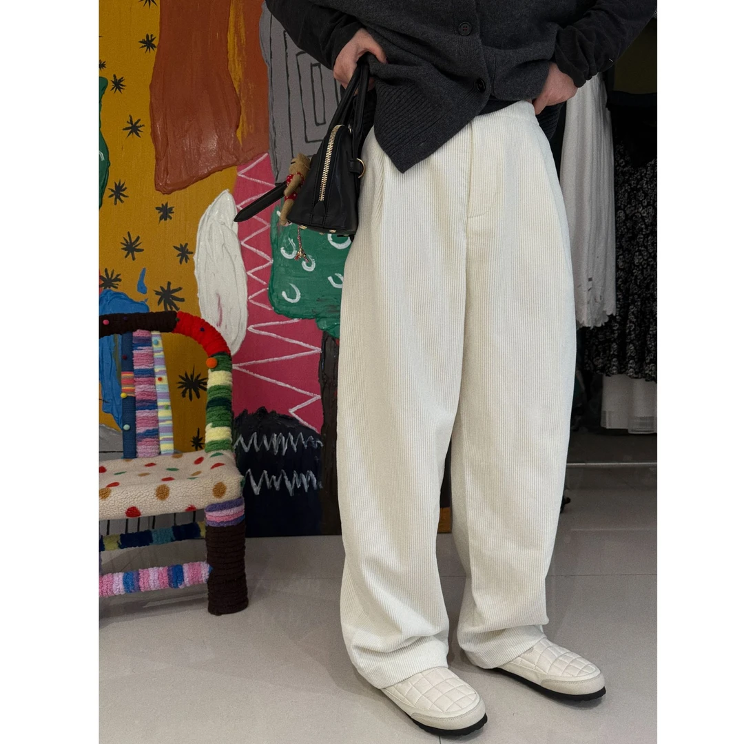 升级版后松紧腰白色灯芯绒裤 J24K592