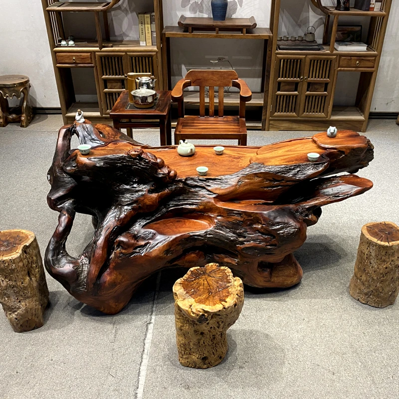 原木整体根雕茶几树根茶台树桩茶桌实木茶海尺寸173-96-61cm雕刻