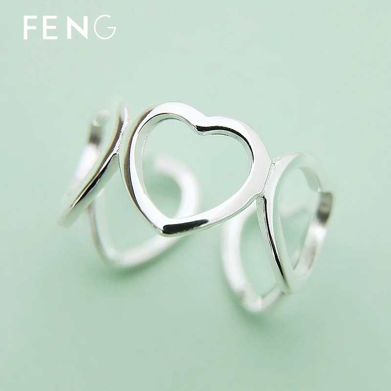 烽之银 925银戒指 纯银心形戒指女爱心镂空夸张活口宽面桃心刻字