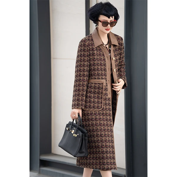 2776-2  时尚轻奢显瘦复古长款气质格子中长款冬季大衣