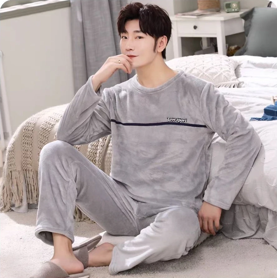 心都乐法兰绒睡衣男士长袖圆领保暖珊瑚绒休闲加厚外穿家居服套装
