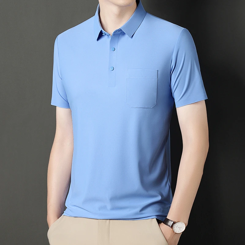 夏季新款中年男士爸爸装真口袋翻领短袖T恤无痕冰丝POLO衫半袖男
