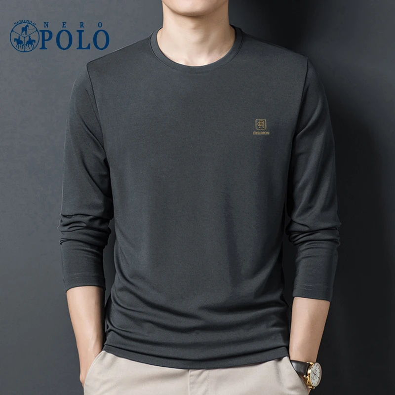 春秋季新款100%纯棉纯色圆领刺绣打底衫中年男士绣花长袖T恤上衣