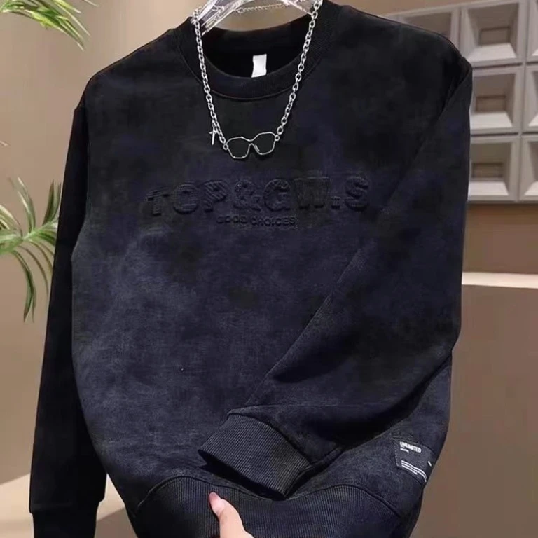 2025冬季新款百搭潮流套头钢印字母晕染上衣男士长袖休闲时尚卫衣