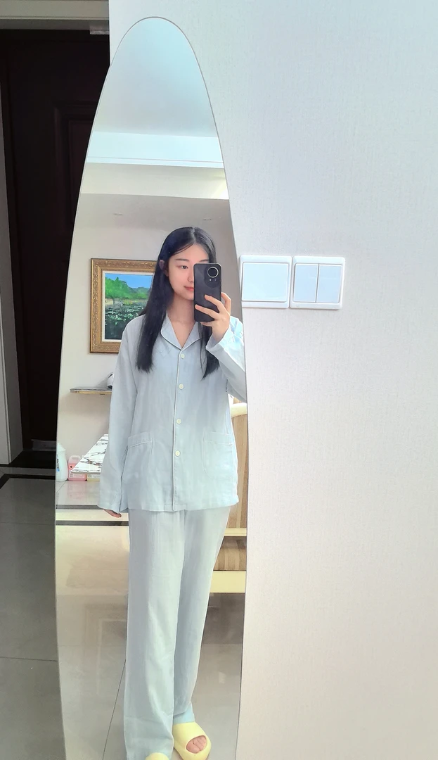 达尔丽纯棉睡衣套装春秋双层棉纱全棉质可外穿简约休闲家居服