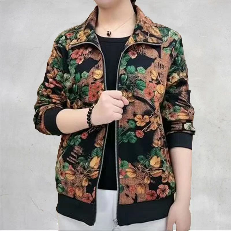 宽松奶奶气质春秋洋气短款时尚休闲百搭春季印花妈妈外套薄款春夏