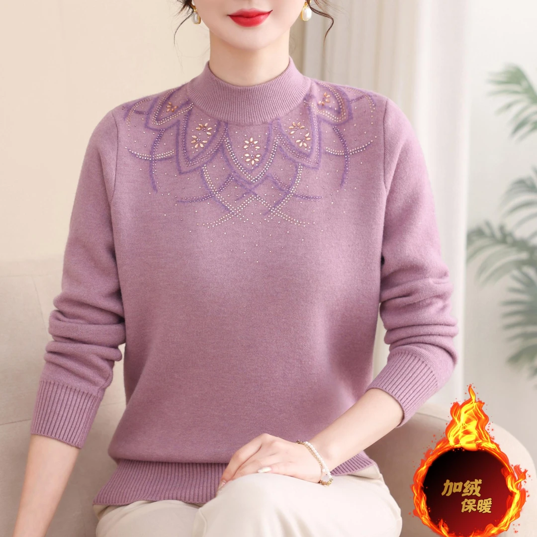 妈妈装加厚毛衣女冬装中老年加绒长袖套头针织打底衫奶奶装上衣