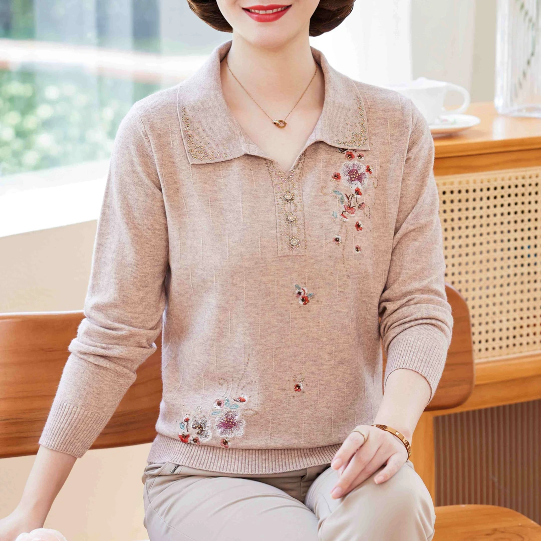 妈妈秋装翻领毛衣女洋气针织上衣中老年女装春秋长袖外穿打底小衫