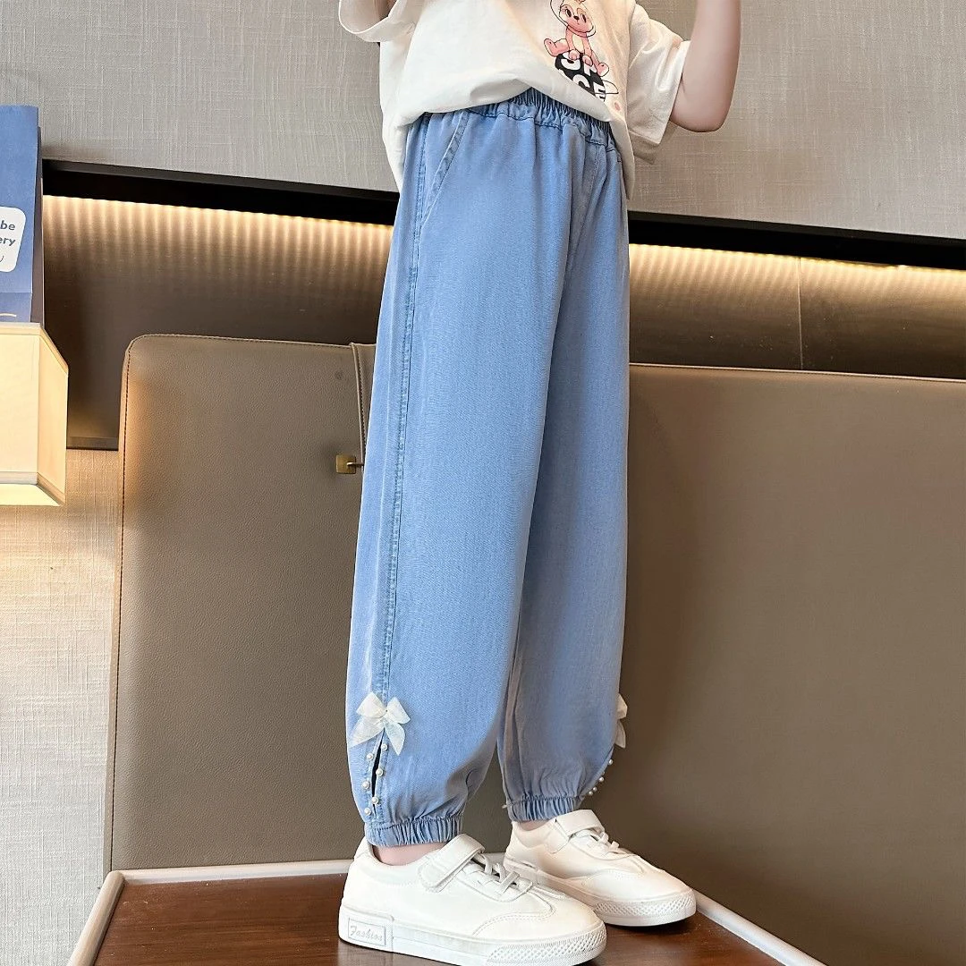 夏季薄款中大童防蚊裤九分裤时尚洋气薄牛仔女童休闲宽松儿童裤子
