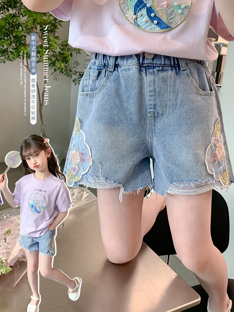 女童夏季新款儿童节牛仔短裤女宝宝休闲百搭洋气新中式牛仔裤