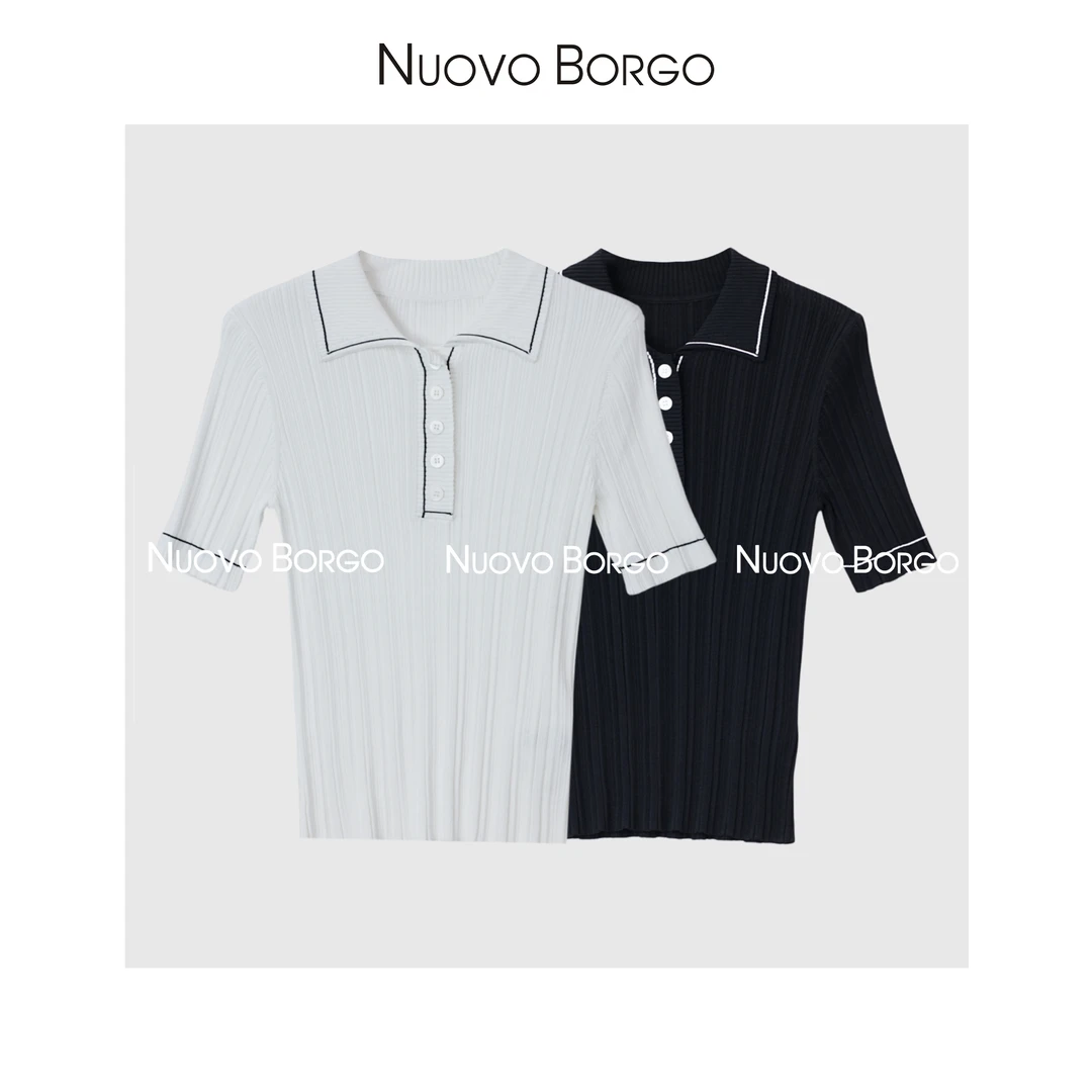 Nuovo Borgo 短袖针织衫撞色线弹力坑条修身polo领上衣女A57/0087