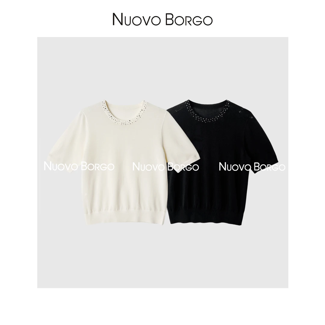 Nuovo Borgo 重工领口钉珠圆领T恤薄款纯色短袖针织衫女 A57/0105