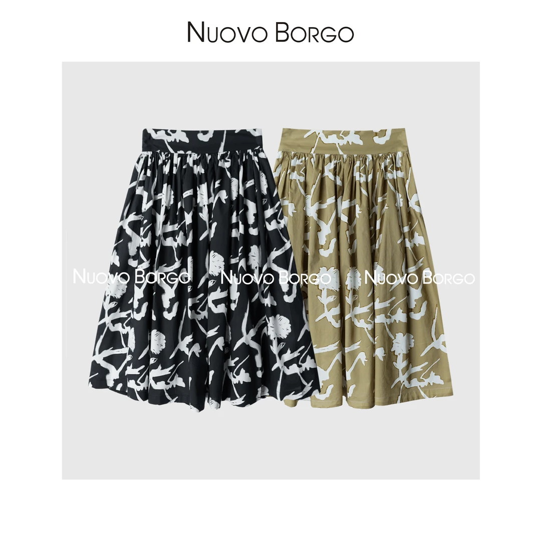 Nuovo Borgo 印花a字半身裙纯棉过膝蓬蓬伞裙大摆百褶裙D72/23113