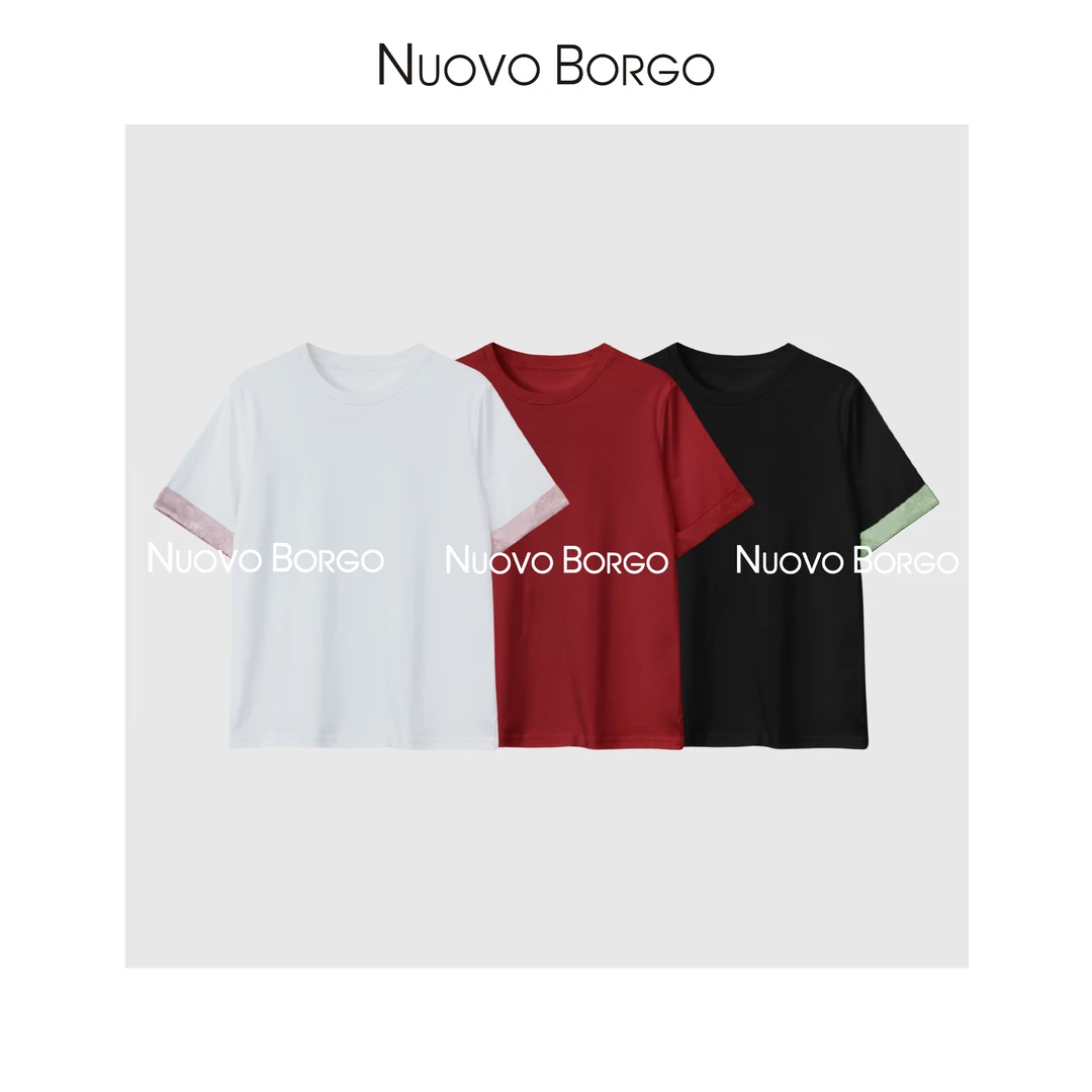 Nuovo Borgo 圆领拼色翻边短袖T恤国风减龄显瘦纯棉上衣J140/0083