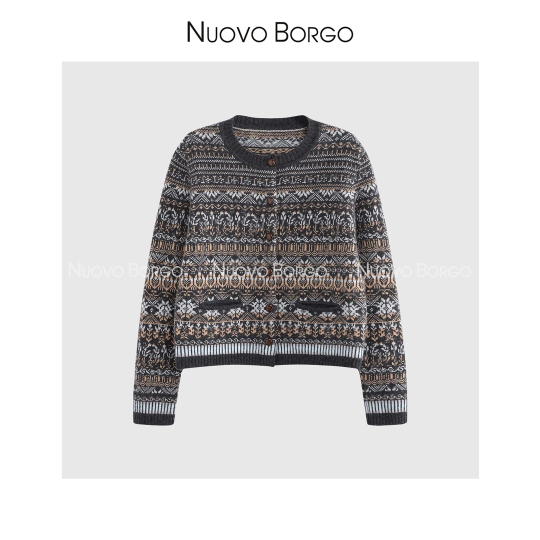 Nuovo Borgo 四色提花圆领羊毛针织开衫宽松百搭显瘦外套上衣2433