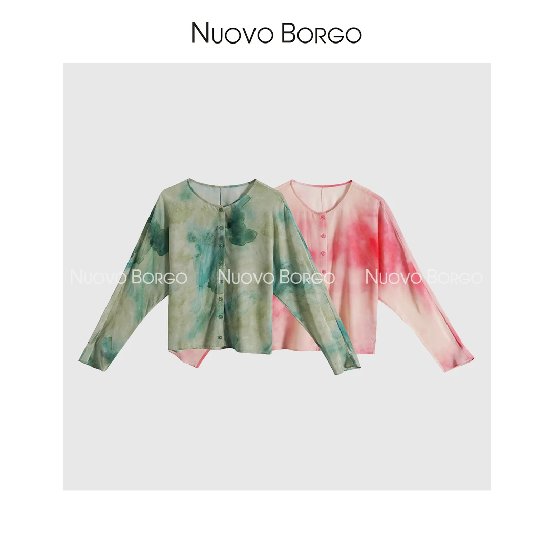 Nuovo Borgo D72/0146 晕染水墨印花轻薄透气桑蚕丝长袖衬衫夏季
