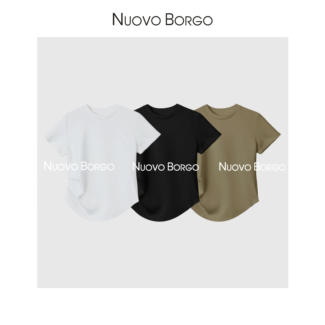Nuovo Borgo修身显瘦正肩短袖T恤抽褶收腰圆领纯色小衫 J140/0081